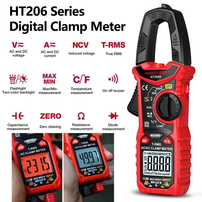 HT206A/B/D Digital Clamp Meter TRMS Multimeter AC/DC Current Voltage Tester Auto/Manual Range NCV Backlight