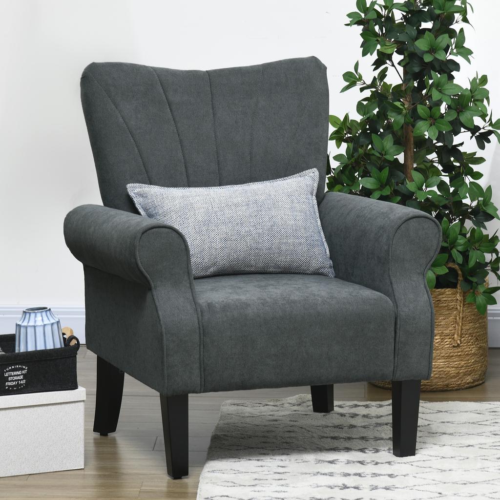Upholstered Accent Chair with Rolled Arms and Wood Legs, Armchair for Living Room Bedroom, Grey