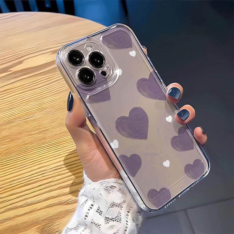 Чехол с масляной живописью «Пурпурное сердце» для Apple iPhone 13-16 Pro Max, прозрачный космический дизайн