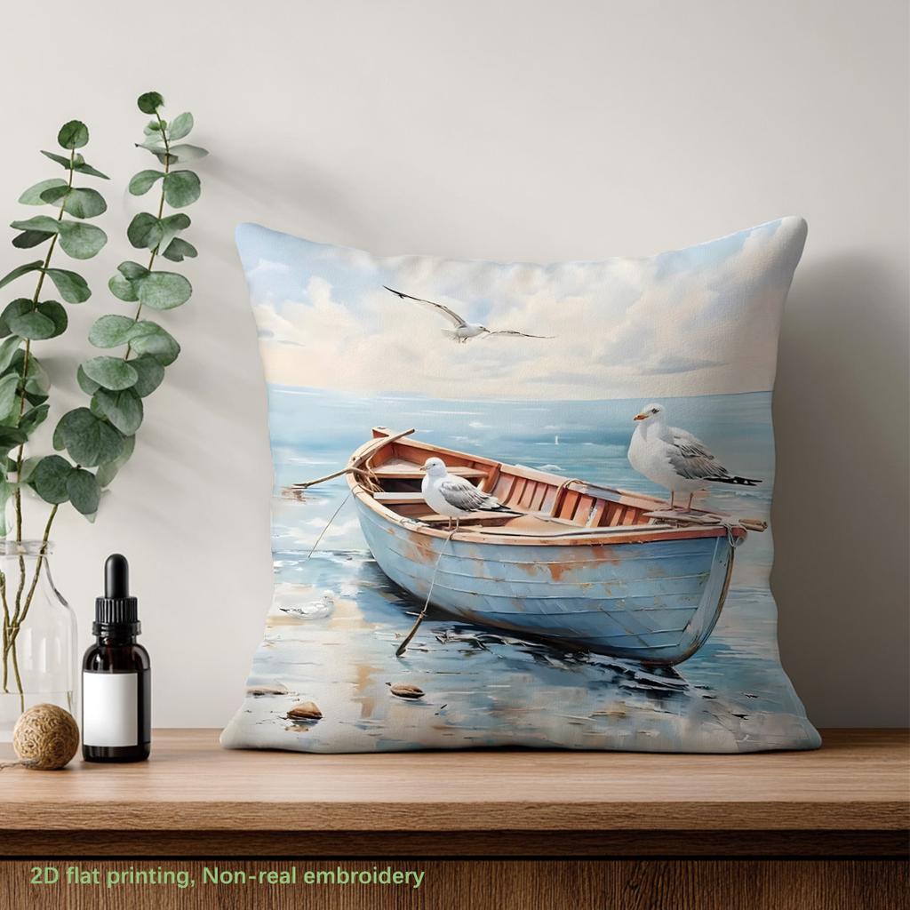 Coastal Seagull Boat Throw Pillow Cover Ocean Beach Nautical Decorative Pillow Case For Home & Living Room