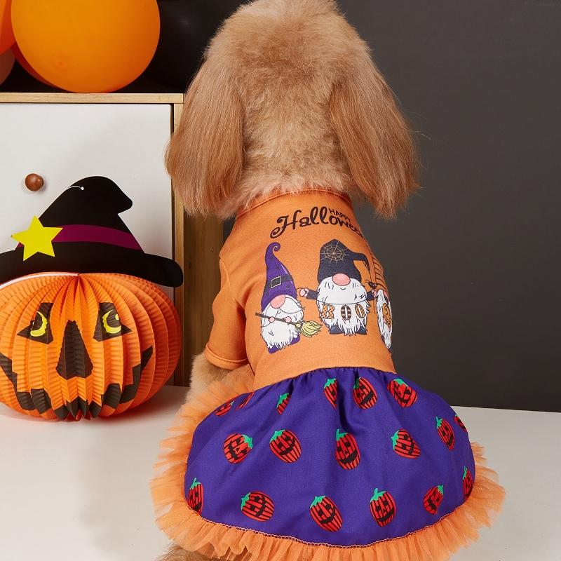Halloween Pet Dress with Gnome Print, Pumpkin Patterns & Tulle Skirt, Orange and Purple Options for Small Dogs Halloween Parties