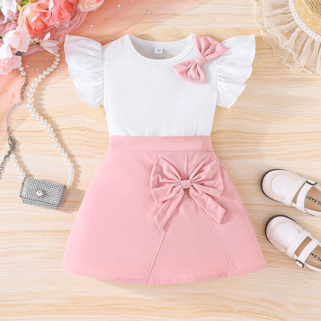 Модный повседневный костюм для девочек 2025 года, летний детский милый топ с бантом и рукавами-крылышками + юбка
