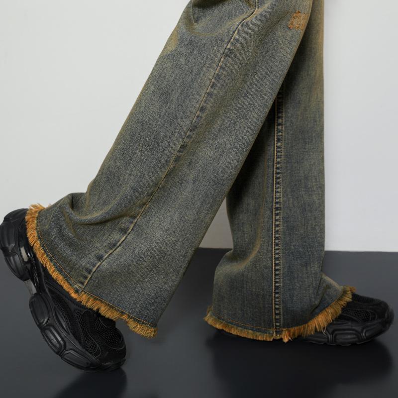 Ретро Выстиранный Синий Желтый Американская Легкая Рабочая Одежда Брюки Широкие от Бедра для Женщин Осенью и Зимой Джинсы в Пол для Женщин Осенью и Зимой