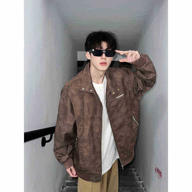 Винтажная кожаная куртка тай-дай мужская весенне-осенняя новая свободная куртка