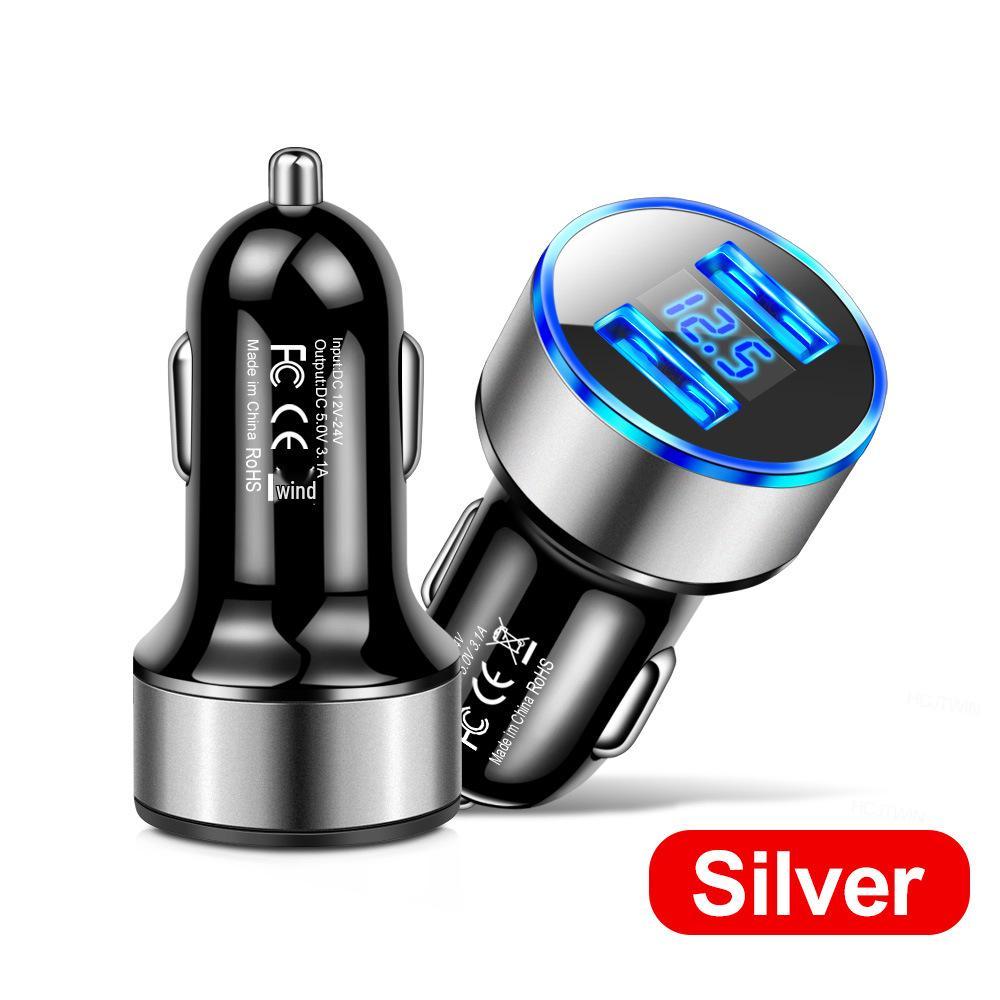 Dual USB Car Charger with LED Display, Aluminum Alloy, Cigarette Lighter Adapter, Fast Charging, Multi-Function.