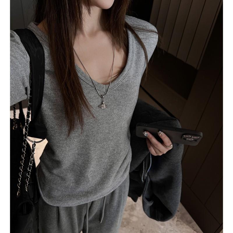 Soft Tencel Wool Blend V-Neck Long Sleeve Top Women - Relaxed Fit Korean Style Base Layer Tee