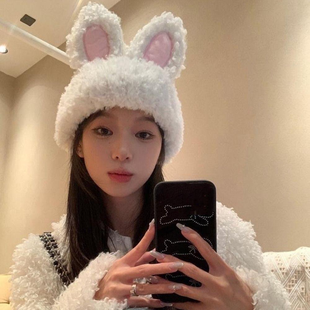 Elastic Rabbit Ear Beanies Solid Color Winter Outdoor Warm Cap Knitted Plush Hat Autumn Winter