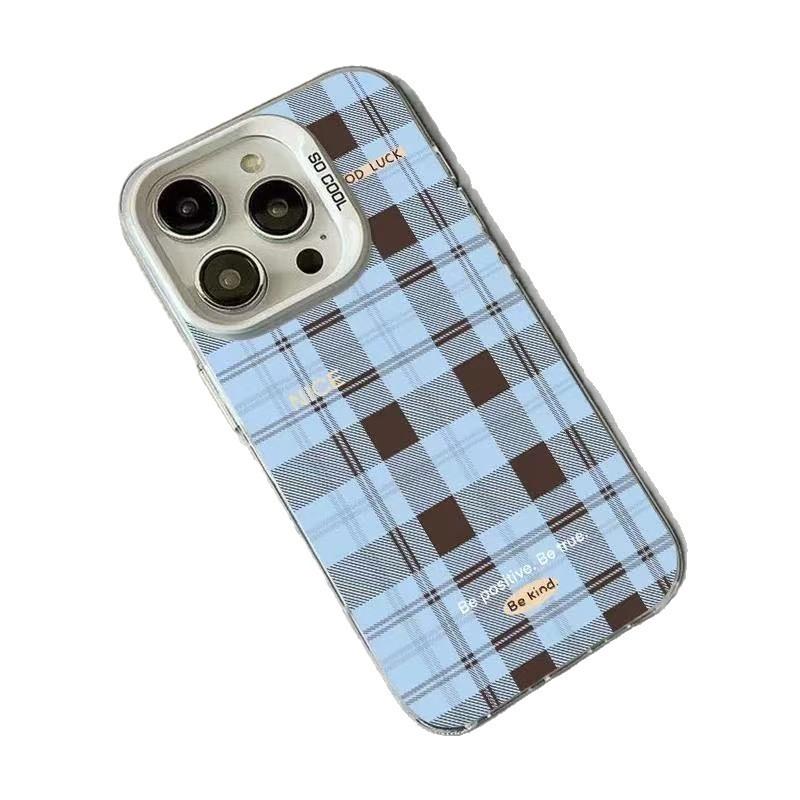 Brown and blue checkered pattern suitable for iPhone 17 Pro Max, color silver iPhone 16/15/14 Plus, simple design, hard screen.