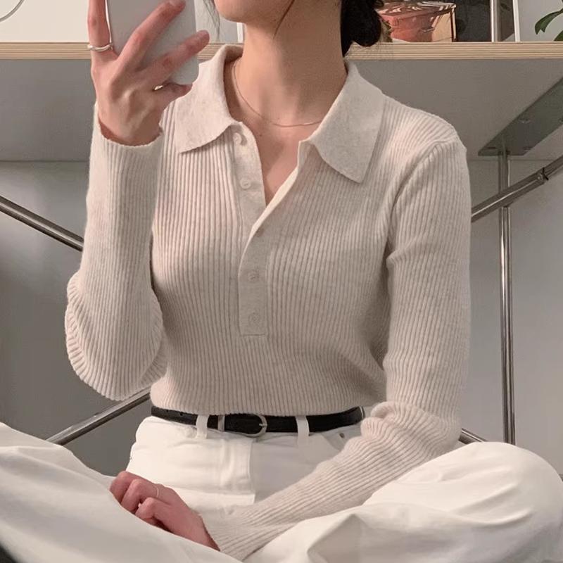 Южная Корея шикарная осень простая элегантная поло воротник полосатый универсальный утягивающий однотонный длинный рукав мягкий клеевой трикотаж