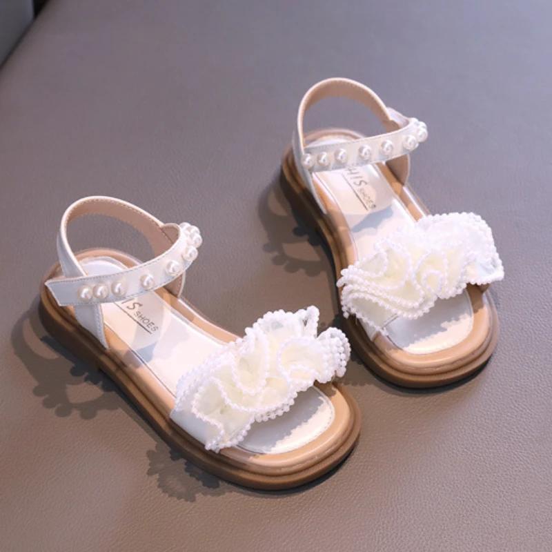Сандалии для маленьких девочек Милые элегантные детские летние сандалии принцессы на плоской подошве Модные универсальные детские повседневные босоножки с открытым носком, отделанные бисером