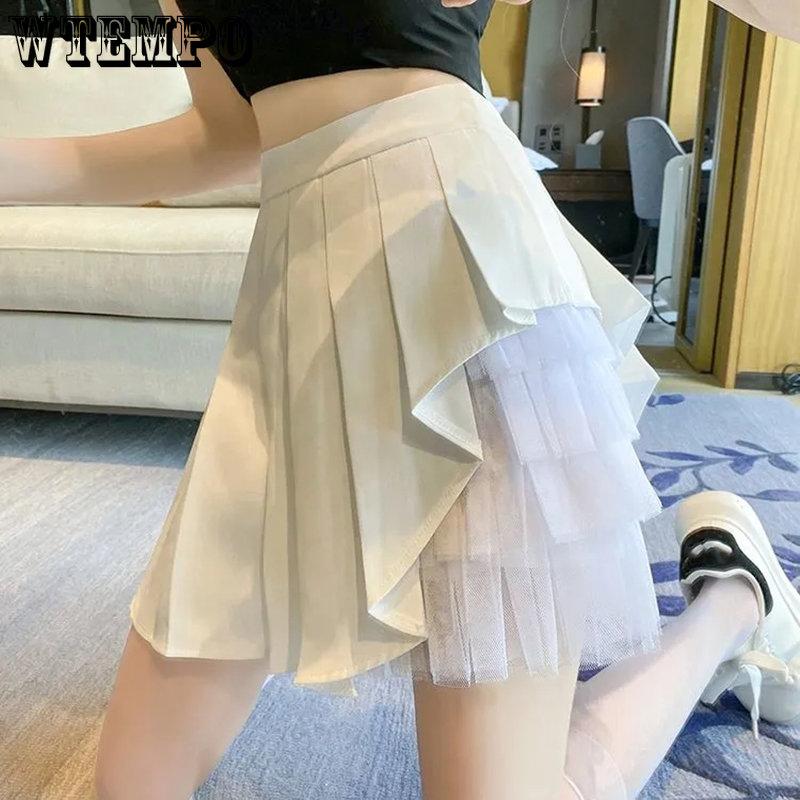 WTEMPO Женские короткие лоскутные газовые юбки с высокой талией, шифоновые тонкие трапециевидные черные, белые повседневные плиссированные мини-юбки