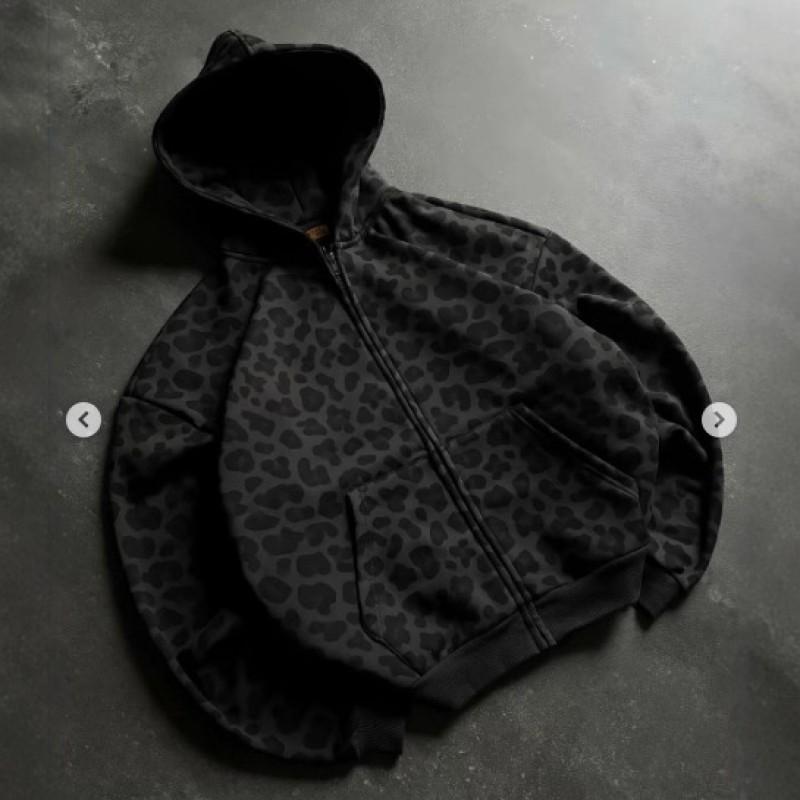 Leopard Print Hooded Sweatshirt Vintage Loose Fit Long Sleeve Streetwear Top Men