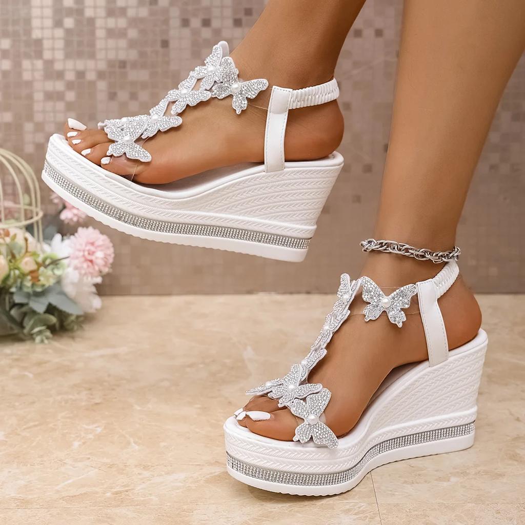 Shiny Crystal Wedge Heel Sandals for Women Fashion Clear PVC Platform Sandals Woman Thick Sole Rhinestone Butterfly Party Shoes