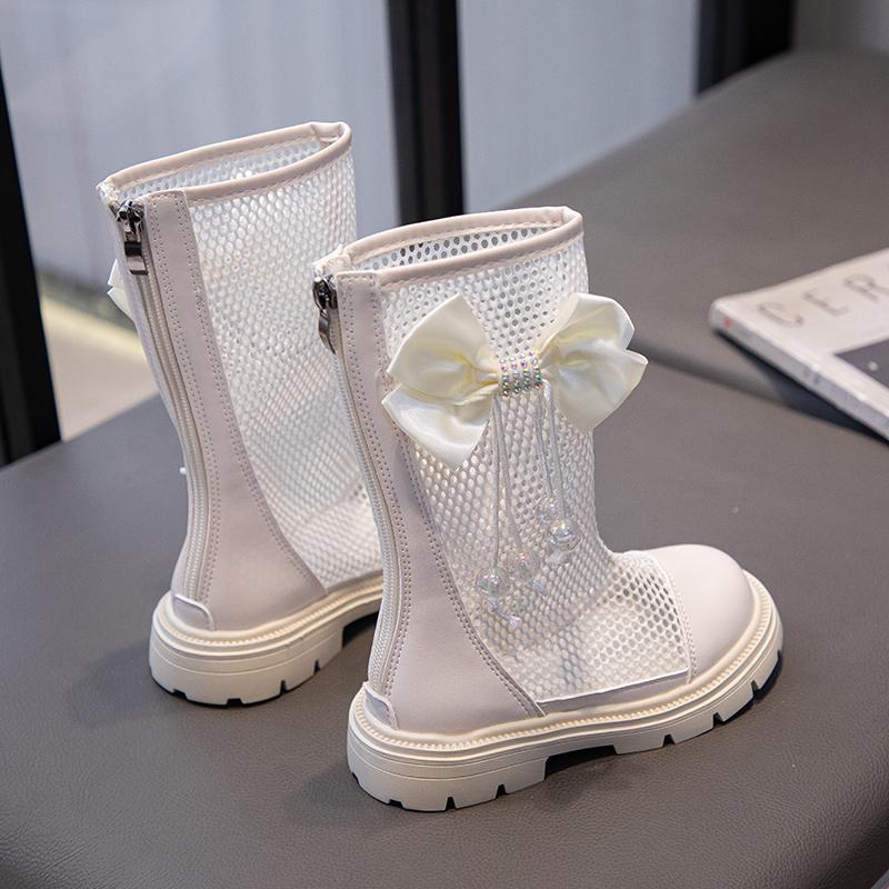 Летние сандалии для девочек, детские высокие сетчатые туфли с дышащими вырезами и подвеской в виде банта, милые детские гладиаторы для принцессы