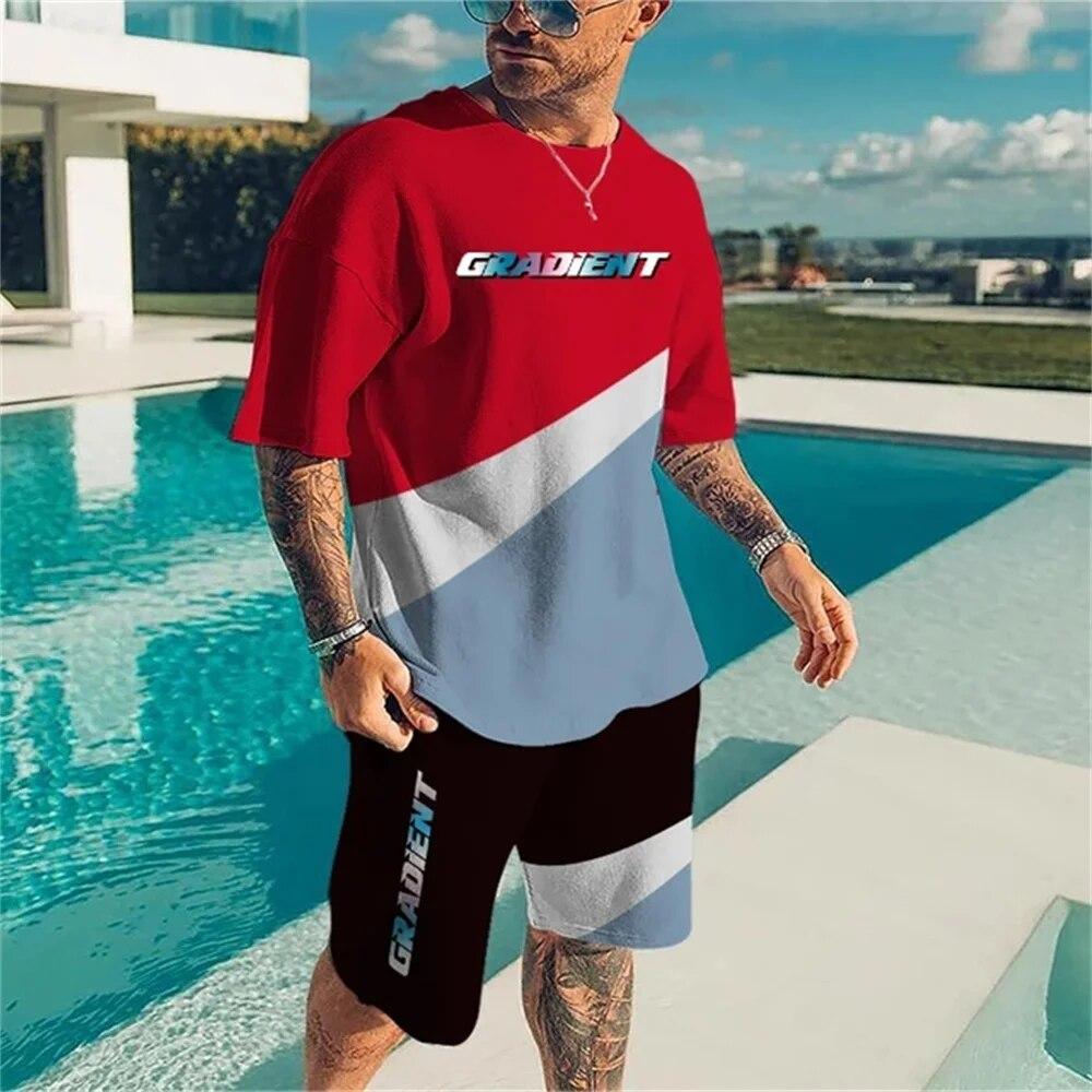 Summer New Men's Sportswear Patchwork Color Printing O-Neck T-Shirt 2-Piece Set Fashion Oversized Men's Tracksuits Casual Clothe