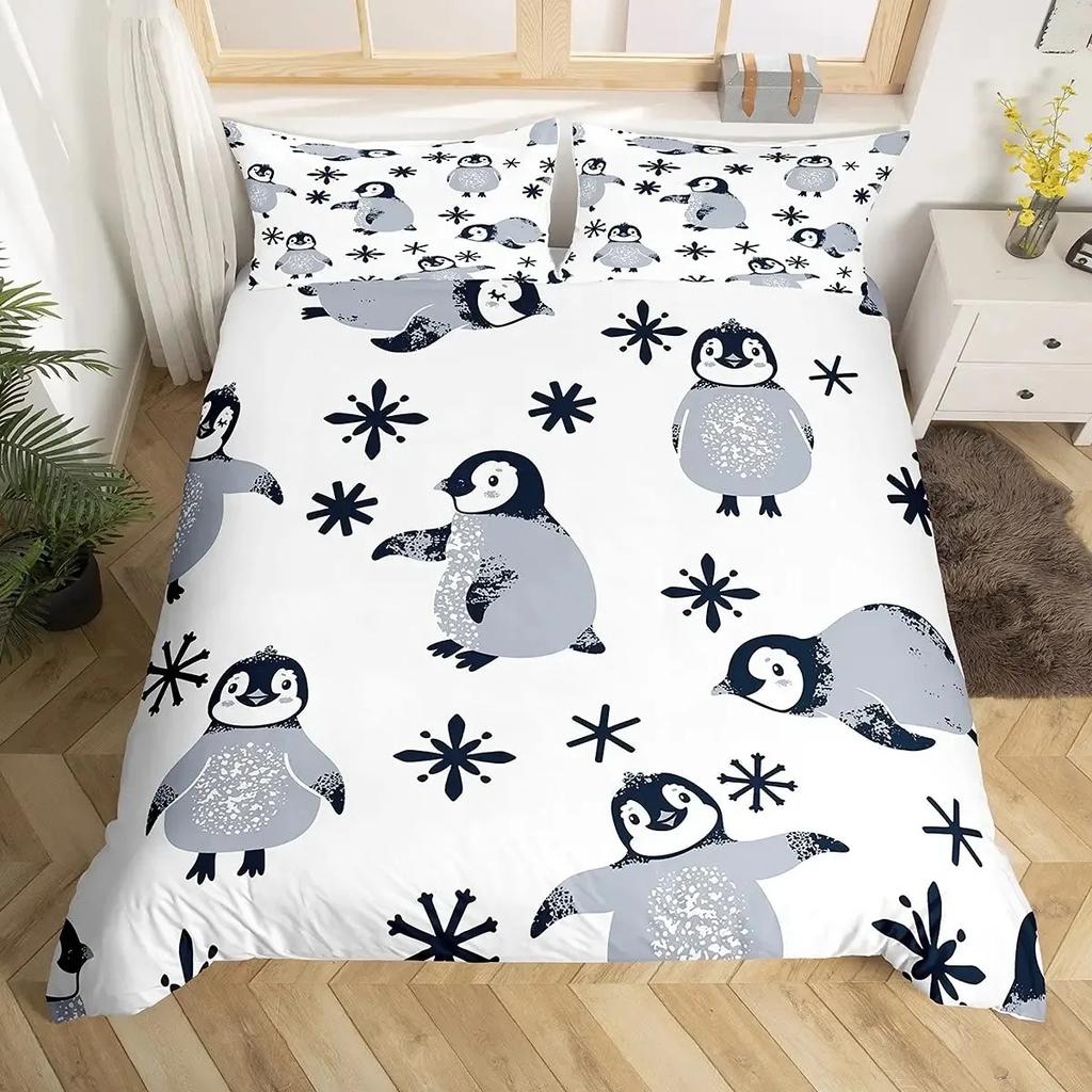 Penguin Duvet Cover Set Full Cute Animals Bedding Set Snow Decor Comforter Cover Set Cute Penguin Animal Quilt Cover Queen Size