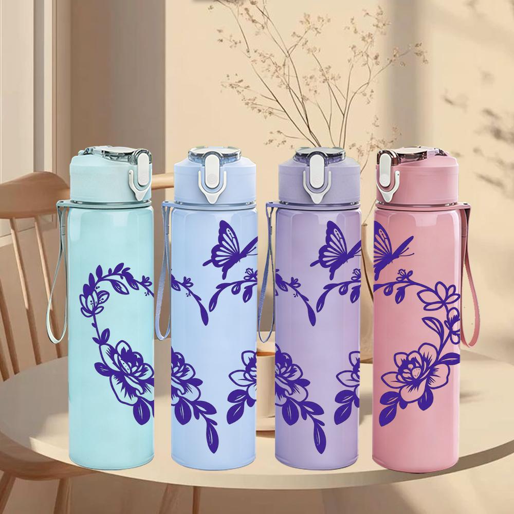 1PC Purple Floral Wreath Heart 750ml Color Plastic Sports Water Bottle Leakproof Flip Straw Lid Suitable for Sports Office Home Use