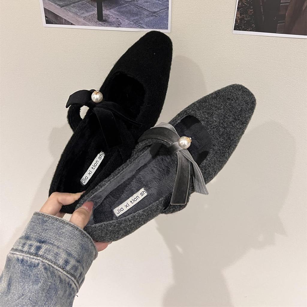 French Thick Heel Gray Single Shoes with Skirt Evening Shoes Women's Shoes 2025 Autumn and Winter Velvet Mary Jane Fluffy Shoes