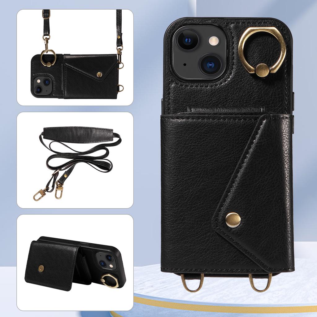 Для iPhone 15 серии. Для iPhone 15, 15 Plus, 15 Pro, 15 Pro Max плечевой ремень веревка кольцо кронштейн дизайн держатель для карт слоты личи узор чехол для телефона