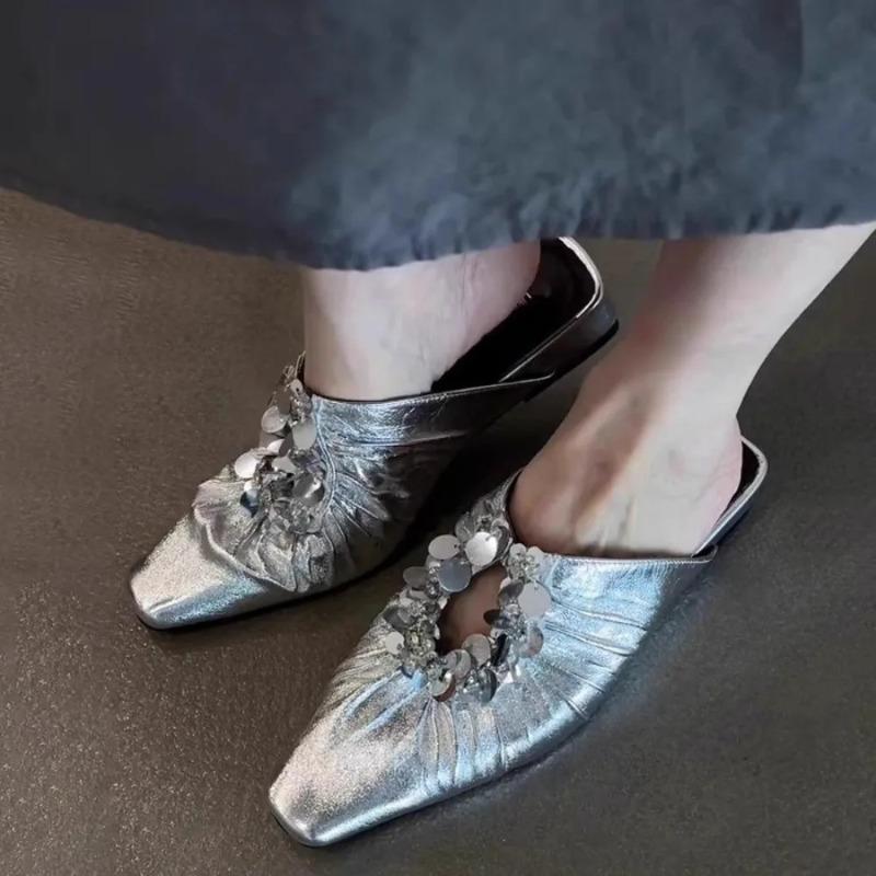 Женские туфли-мюли Блестящие балетки с квадратным носком Элегантные новые летние сандалии 2025 Платье Вечеринка Роскошные женские туфли-слингбэки Mujer