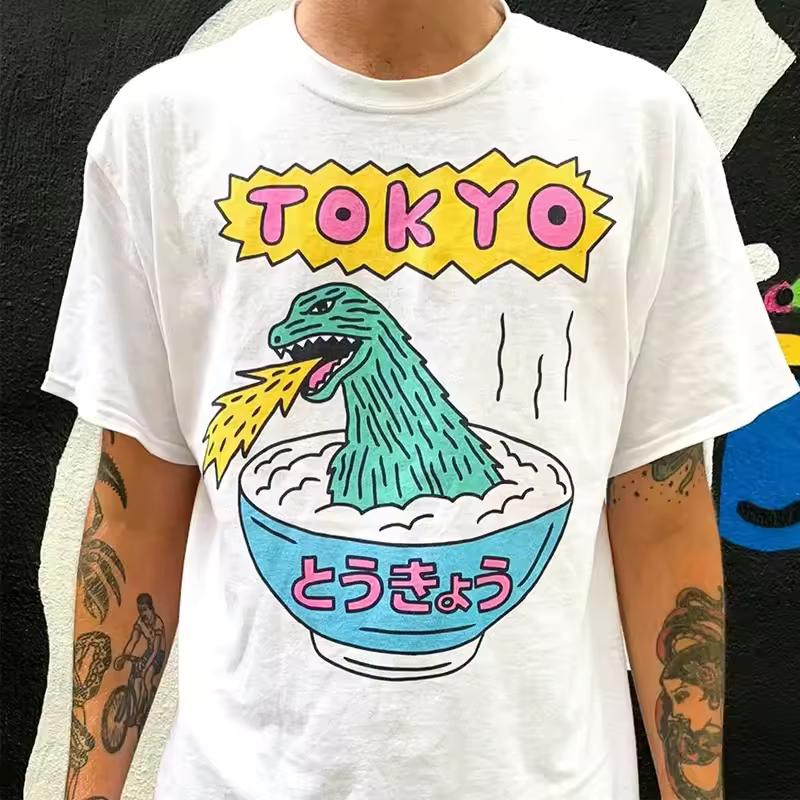 New Arrival Cartoon Dinosaur Print Japan Harajuku Tops Tees White Cotton Short Sleeve Unisex Aesthetic Graphic T shirt