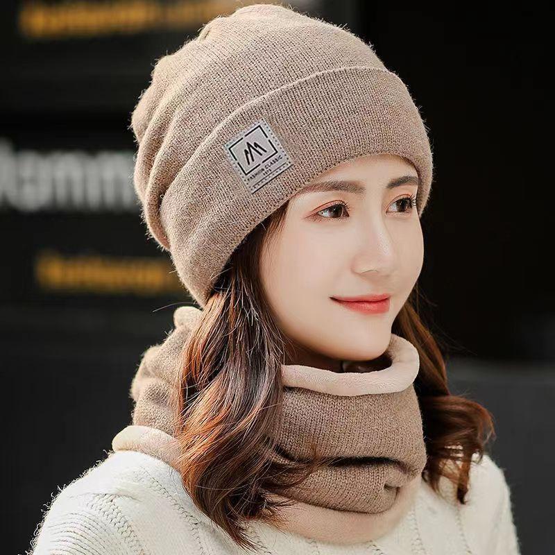 Women Knitted Beanie+Scarf Sets Thicken Velvet Lining Pullover Cap Unisex Winter Warm Plush Bonnet Neck Protection Scarves Hat