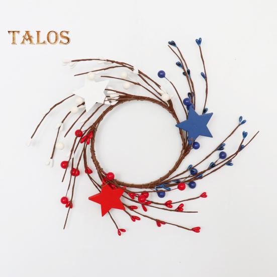 Patriotic Candle Ring Wreath Red White Blue Star Mixed Artificial Berry Candle Wreath Mini Pillar Candle Holder for 4th of July Tabletop Decor