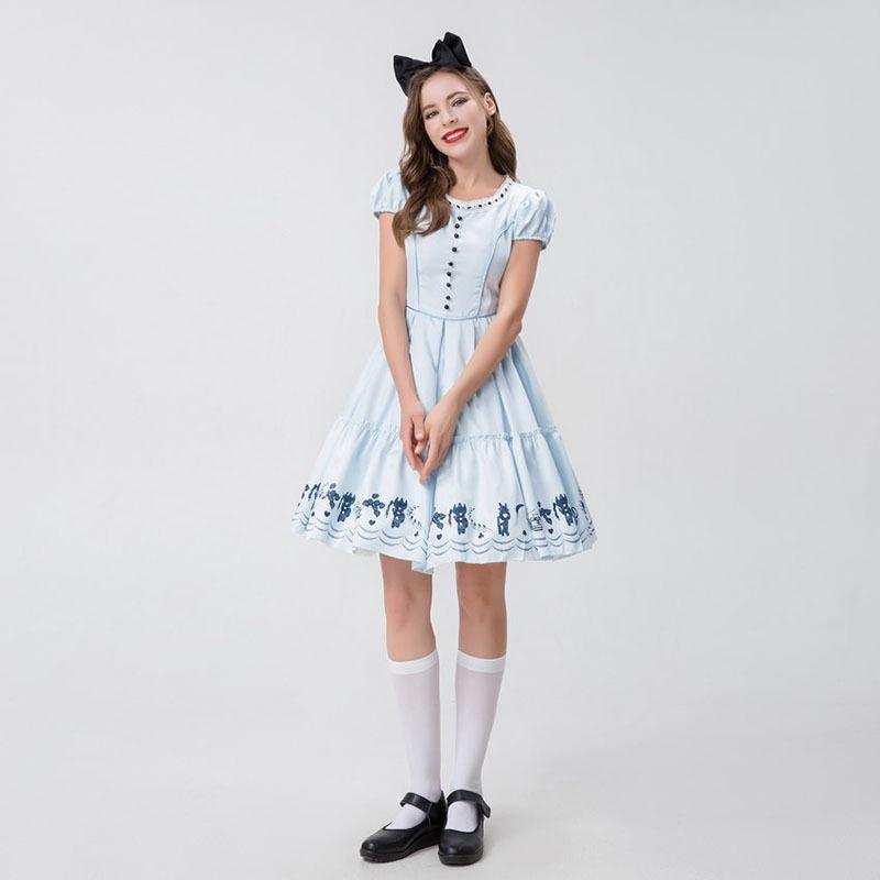 Cosplay Halloween, Alice's Dream Wonderland, Japanese cute maid dress cos dress blue and white, short-sleeved princess dress