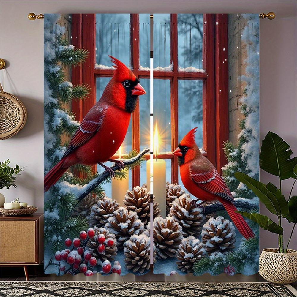 Light Filtering Winter Cardinal Curtains Pine Cone Candlelight Snow Scene Semi Opaque Polyester Living Room Bedroom Curtain Set Of 2 Made Washable