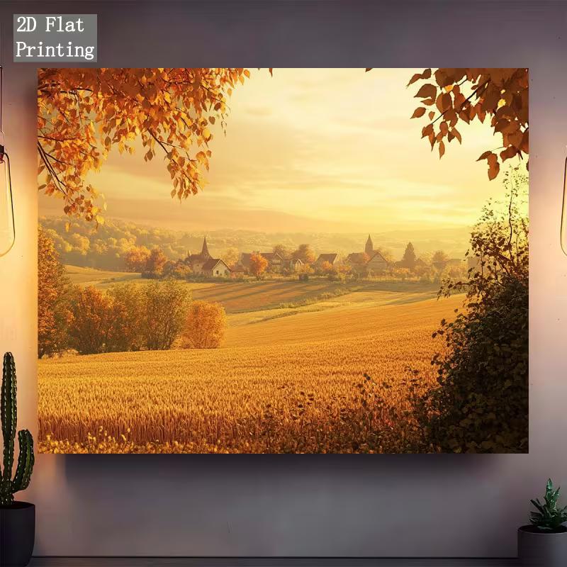 2D Cozy Autumn Wheat Field Village Photography Background