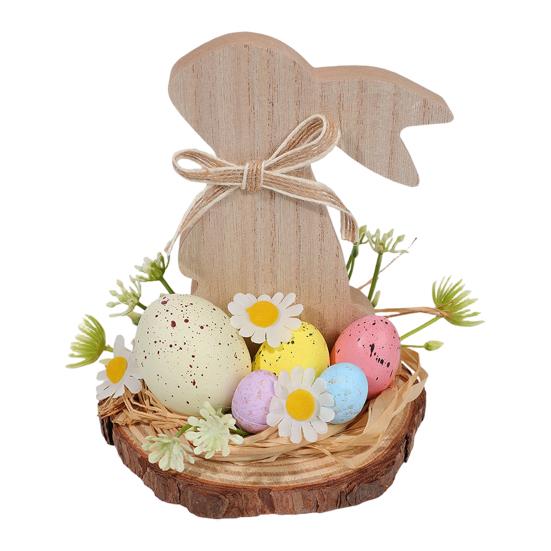 Wooden Easter Bunny Decoration Farmhouse Rustic Artificial Flower Colorful Egg Rabbit Table Sign Desktop Ornament