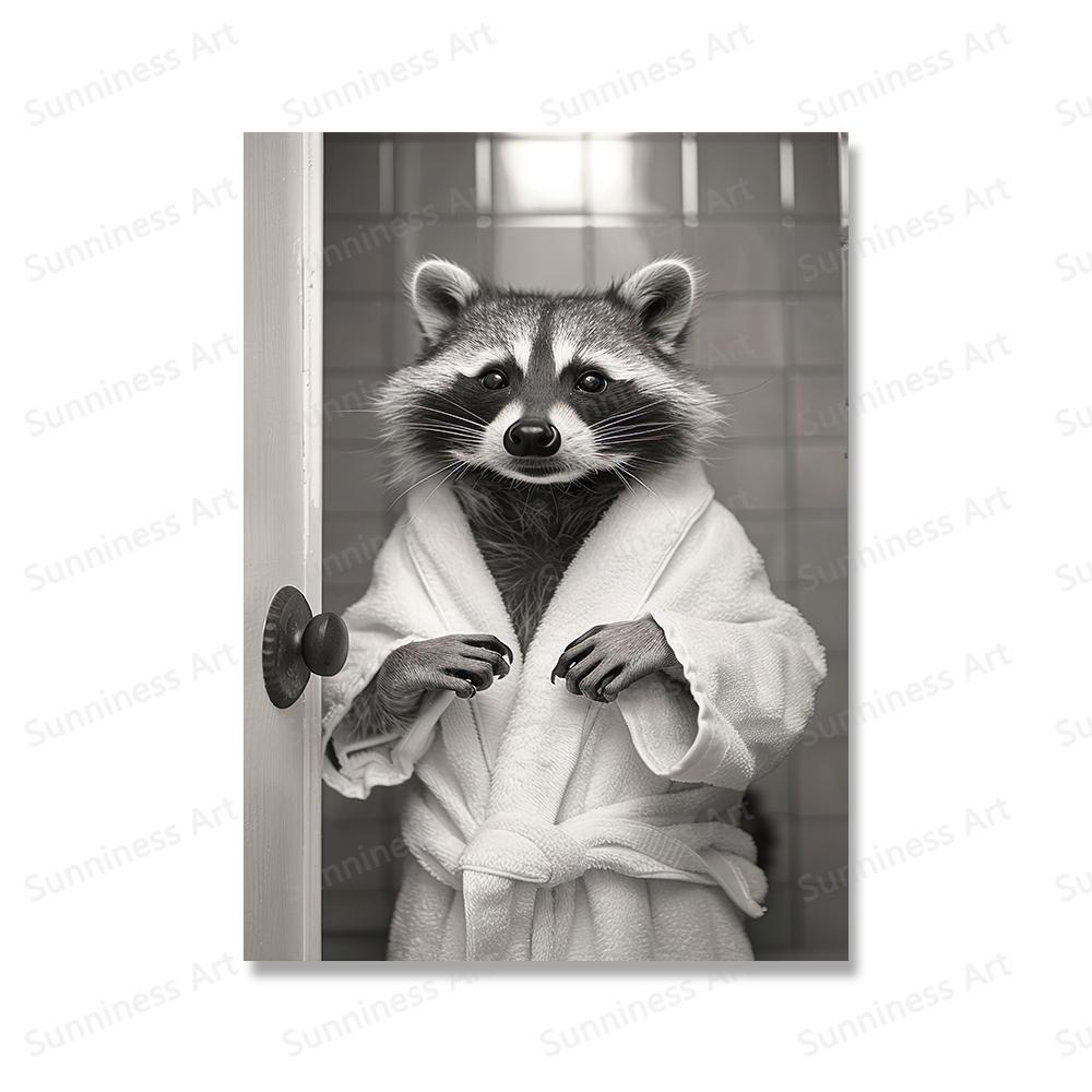 Милый енот сидит на унитазе, чистит зубы и кладет бумагу на голову, рисуя на холсте, забавные картины на холсте для туалета, декор ванной комнаты