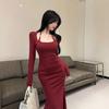 French neck long-sleeved dress women's autumn temperament pure desire sexy hot girl waist slim hip fish tail long skirt