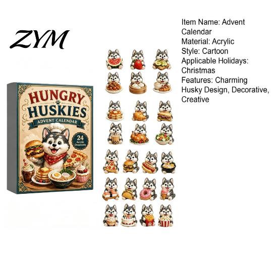 Holiday Party Hanging Decor Husky Advent Calendar with 24 Foodie Acrylic Ornaments, 2D Flat Christmas Cute Puppy Desk Tree Decoration, Dog Themed