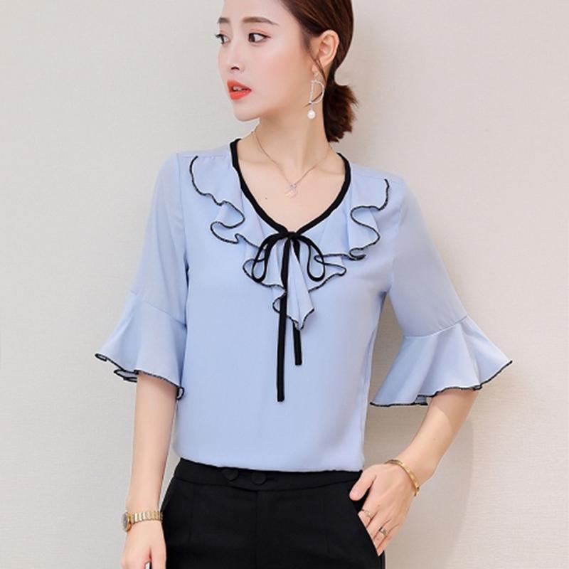 Plus Size Women's Short-sleeved Chiffon Shirt Women's Belly-covering Flared Sleeve Shirt Lotus Leaf Neckline Lotus Bow Knot Elegant Temperament