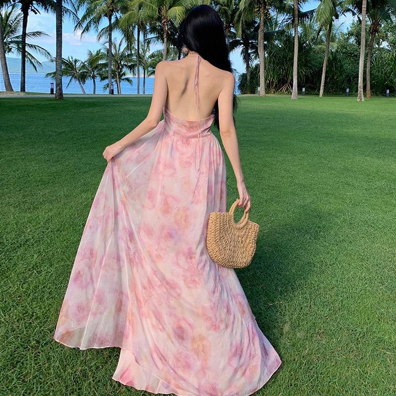 Высококачественное легкое роскошное трехмерное платье с цветочным принтом и вырезом для женщин, летнее пляжное праздничное платье-комбинация