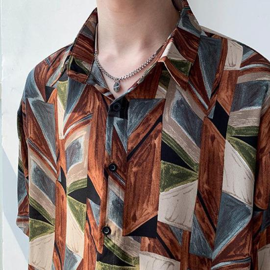 Мужская пляжная рубашка с короткими рукавами, насыщенные цвета, винтажные Гавайские свободные брюки, однобортный отложной воротник, мужская рубашка для отпуска, мужская одежда