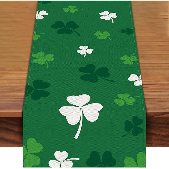 St. Patrick's Day Shamrock Table Runner 72 x 13 Inch, Green and White Clover Pattern Table Cover for Irish Holiday Celebration, Perfect for Home,