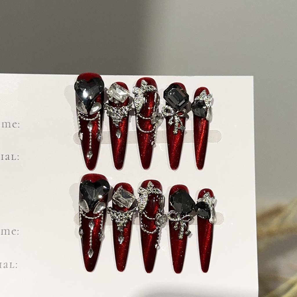 Красные накладные ногти ручной работы со стразами, длинные стилеты, многоразовые акриловые накладные ногти, полное покрытие, клей для ногтей, самоклеящиеся ногти для женщин