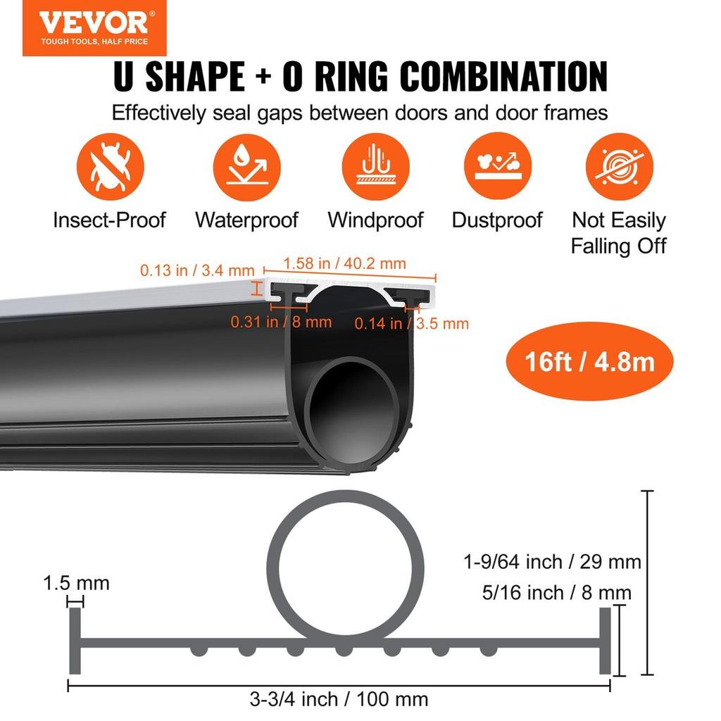 Garage Door Seals Bottom Rubber, U Shape +O Ring Garage Door Bottom Weather Seal with Pre-drilled Aluminum Track Retainer Kit, 16ft 5/16 inch T-ends
