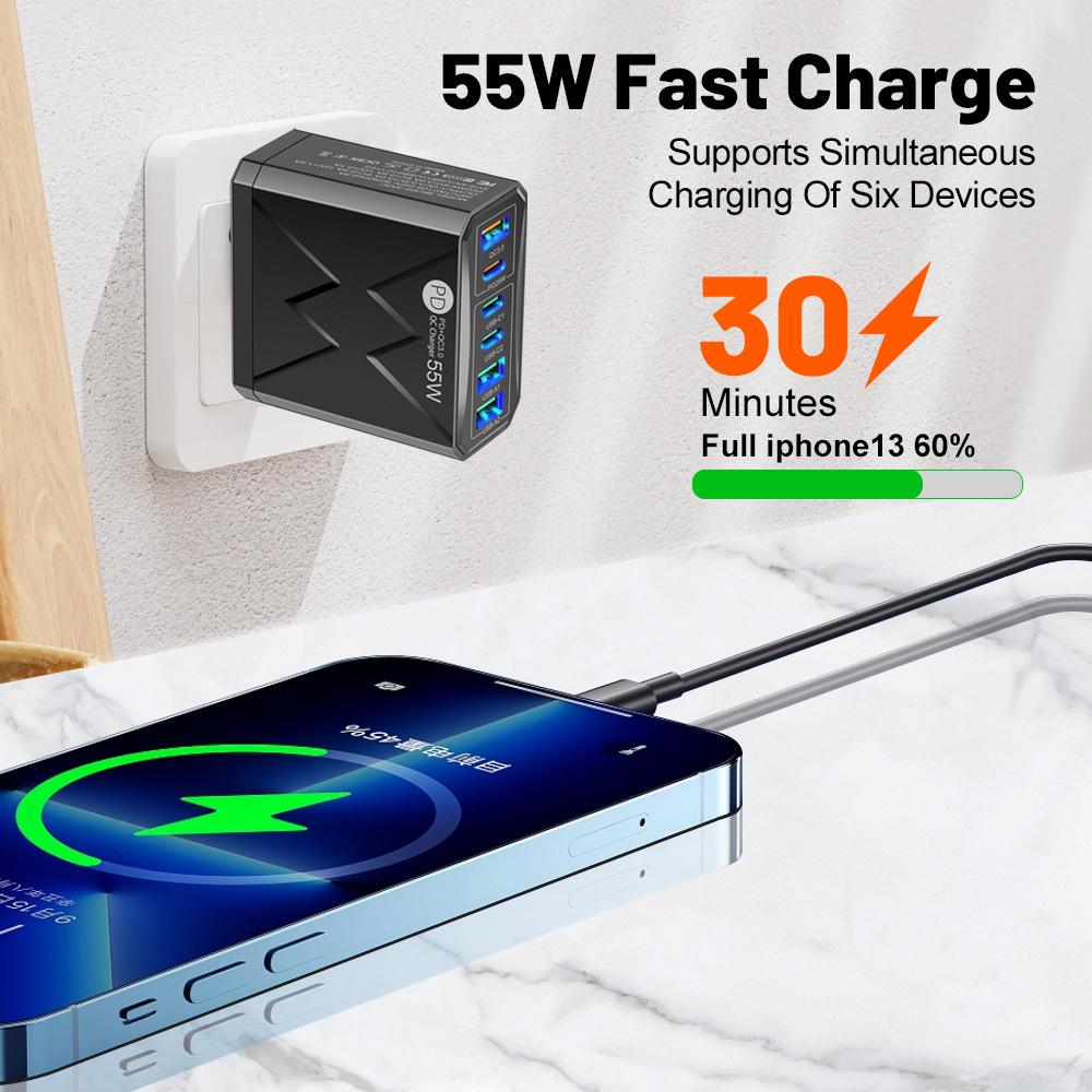 Шестипортовое быстрое зарядное устройство PD55W с поддержкой QC3.0, совместимое с EU/US/UK