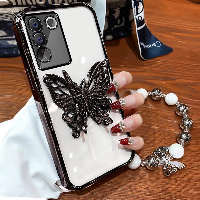 3D Butterfly Phone Holder Bead Bracelet Glitter Plating Case for Samsung Galaxy A14 A24 A34 A54 A15 A25 A35 A55 4G 5G Cover