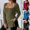 Plus Size NewAutumn and Winter Women's Fashion Solid Color Sweater Ladies Square Neck Long Sleeved Casual Top