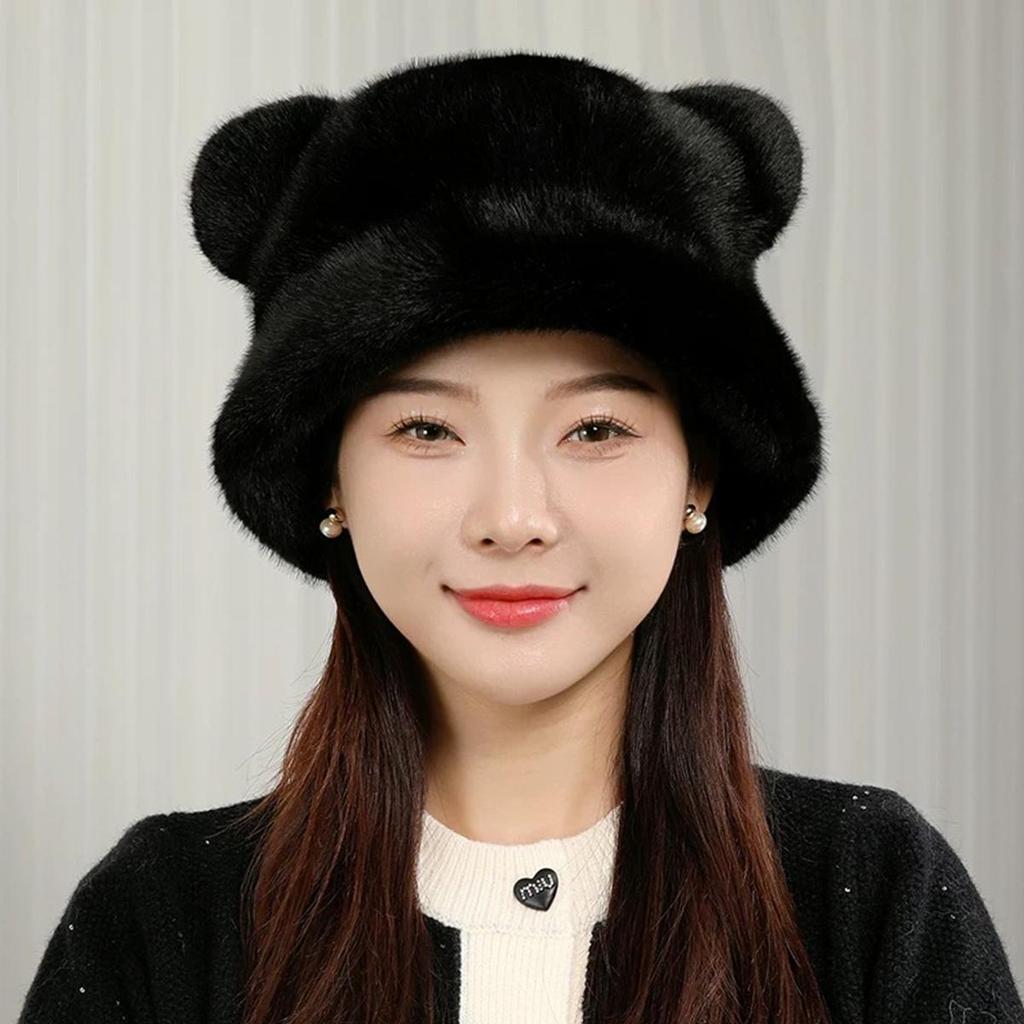 A Faux Mink Fur Environmentally Friendly Artificial Fur Bear Ear Hat for Women with Thick Winter Ear Protection