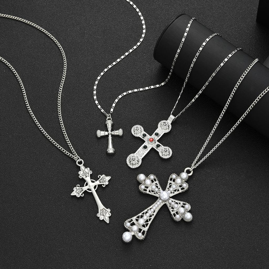 4pcs Punk Cross Pendants Necklace for Women Fashion Pearl Zircon Charm Exaggerated Multi-Layered Necklace Versatile Jewelry Gift