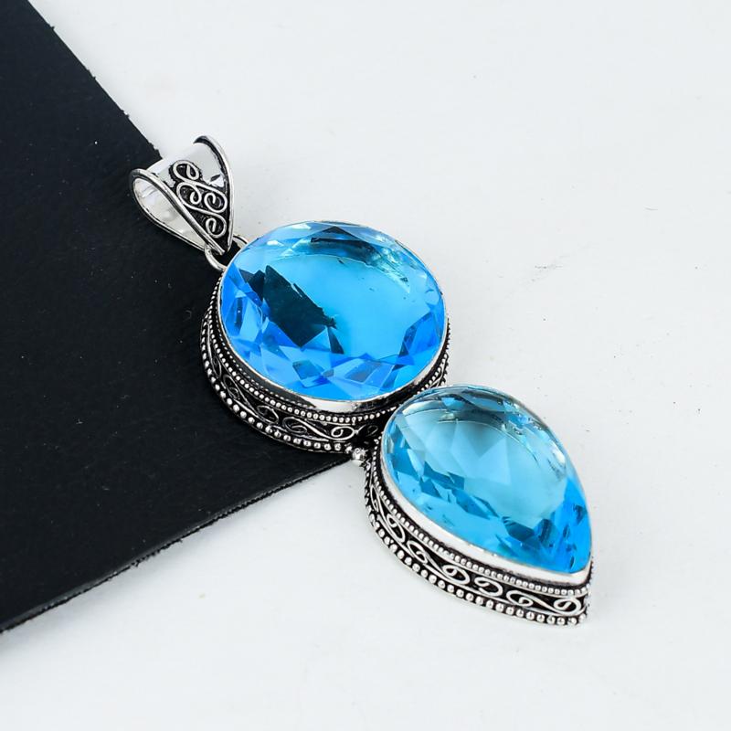 Amazing Swiss Blue Topaz Gemstone Pendant 925 Sterling Silver- Handmade Design, Everyday Wear Jewelry, Unique Swiss Blue Topaz Double Stone Pendant