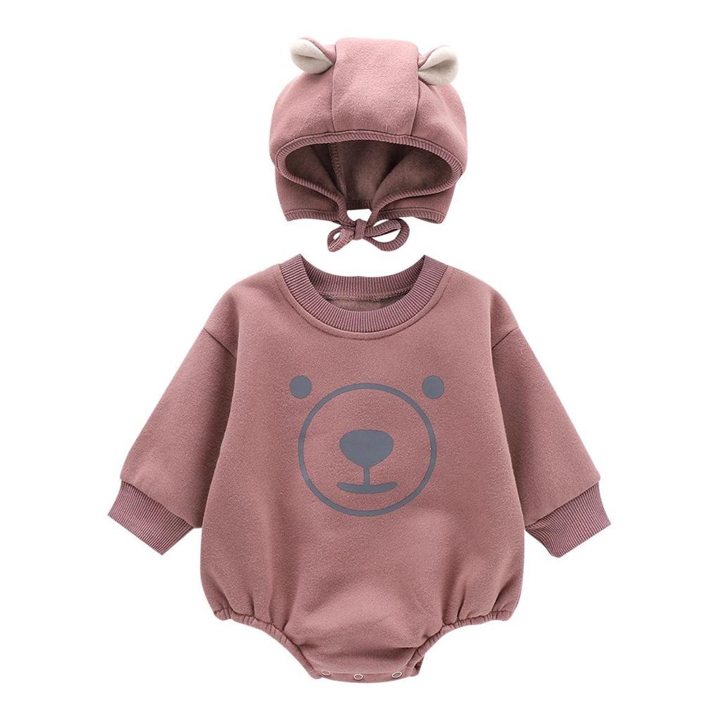 Cute Bear Print Baby Romper with Hat - Long-Sleeve Spring & Autumn Crawling Outfit