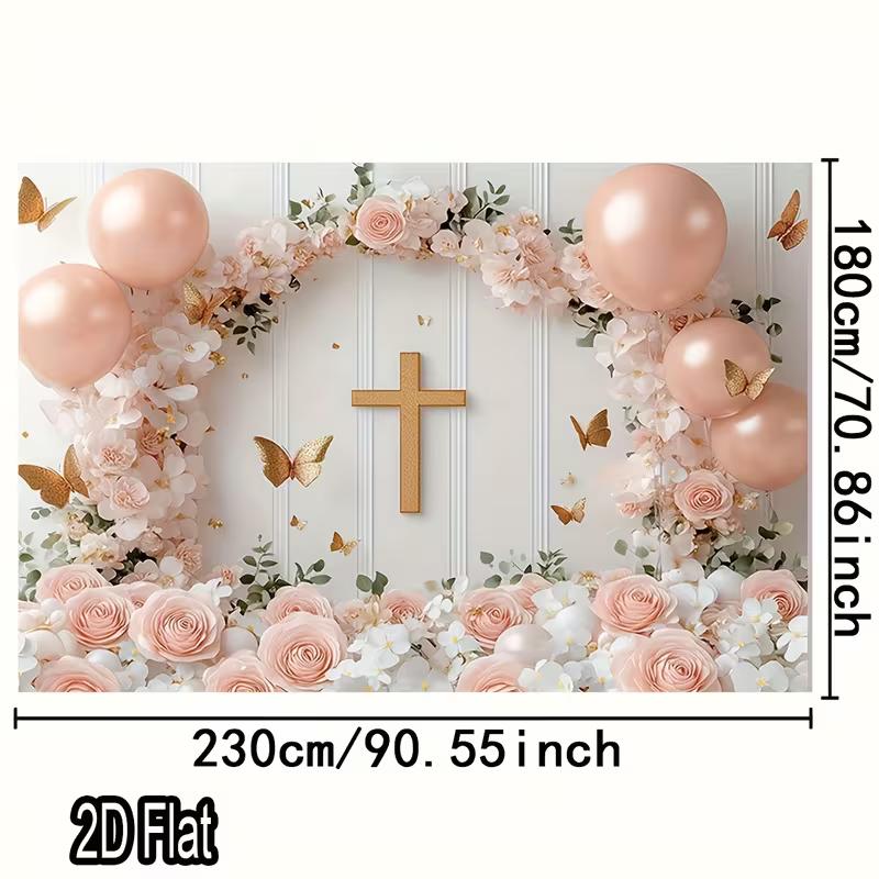 2D Pink Floral Cross Backdrop, First Communion Girl Party Photo Background