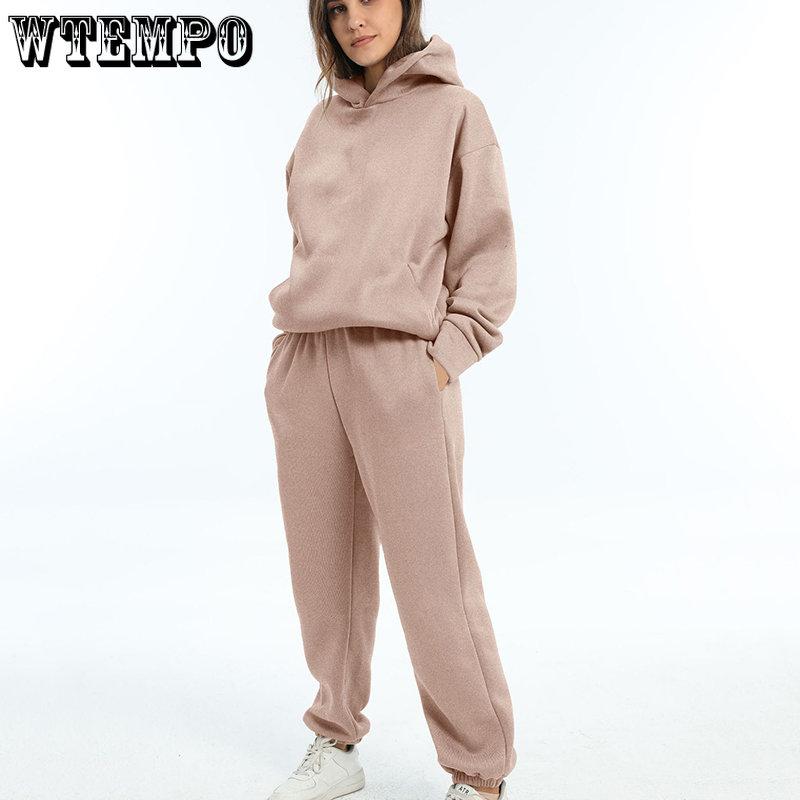 Осень-зима, толстовки, женский комплект из двух предметов, повседневный брючный костюм, свободные брюки с длинными рукавами и верхними карманами, однотонный спортивный костюм