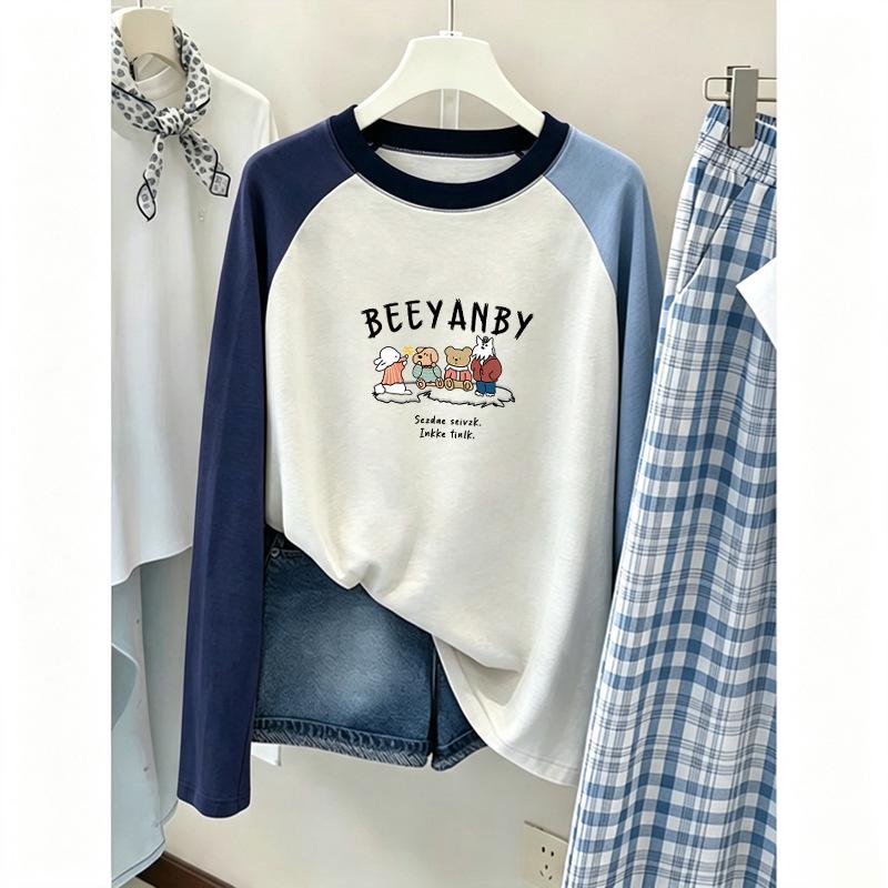 Девочковая хлопковая футболка с длинным рукавом в корейском стиле Color Block - Весенне-осенний пэчворк топ